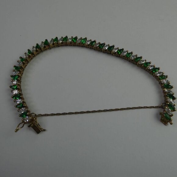 Edco Vintage Green White Rhinestone Tennis Bracelet W/ Safety Chain Gold Sparkly - Picture 6 of 8